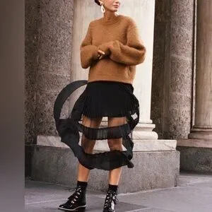 NWT & Other Stories Pleated Mesh Stripe Black Midi Skirt Size 0