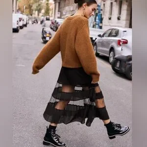 NWT & Other Stories Pleated Mesh Stripe Black Midi Skirt size 0