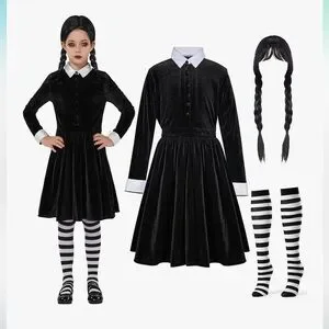 NWT Spooktacular Girls Black Skater Dress Halloween Costume Goth wig socks