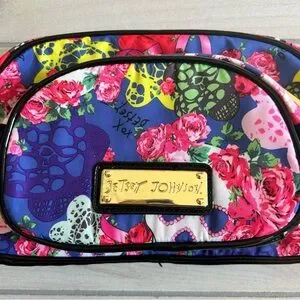 NWT Two Betsey Johnson Skull & Floral Print Dome Cosmetic Bags Masquerade Blue