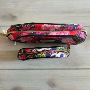 NWT Two Betsey Johnson Skull & Floral Print Dome Cosmetic Bags Masquerade Blue