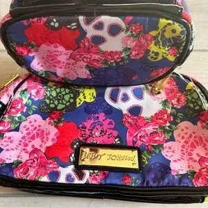 NWT Two Betsey Johnson Skull & Floral Print Dome Cosmetic Bags Masquerade Blue