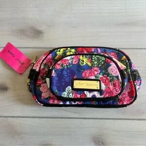 NWT Two Betsey Johnson Skull & Floral Print Dome Cosmetic Bags Masquerade Blue