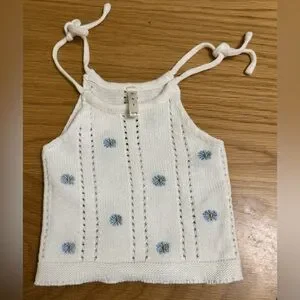 OAT & CO Baby Knit Top 0-6M –Heirloom Tank 'Blue Daisy' Embroidery
