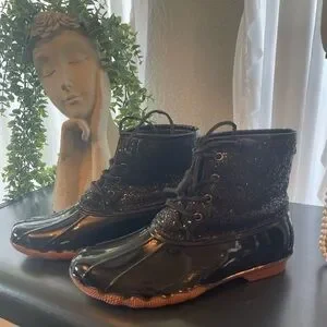 Ocean + Coast Black Glittery Waterproof Duck Boots Size 8