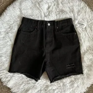 Old Navy High Rise Slouchy Straight Jean Shorts New Black Distressed Girls Sz 14