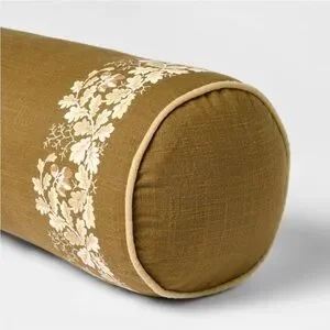 Olive Leaf Embroidered Bolster With Piping 7”x18” -Studio McGee