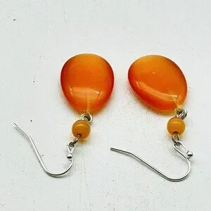 Orange Dangle Earrings Beaded Drop Silver Tone Hooks Boho Beach