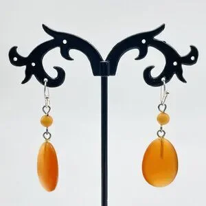 Orange Dangle Earrings Beaded Drop Silver Tone Hooks Boho Beach