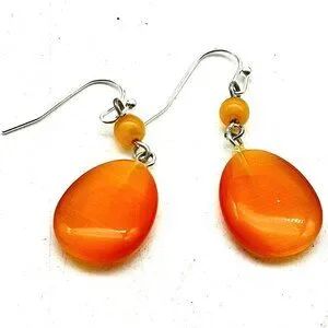 Orange Dangle Earrings Beaded Drop Silver Tone Hooks Boho Beach