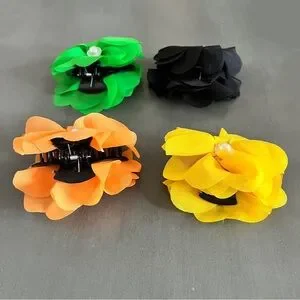 Orange Tangerine Chiffon Flower Petal & White Pearl 3" Lobster Claw Hair Clip