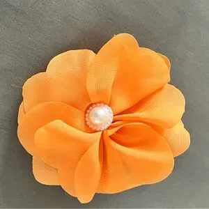 Orange Tangerine Chiffon Flower Petal & White Pearl 3" Lobster Claw Hair Clip