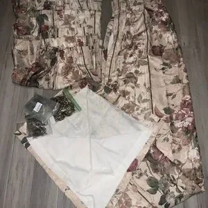 Pair JCPenny Pinch Pleat Lined Burgundy Olive & Tan Floral Curtains 50 X 84