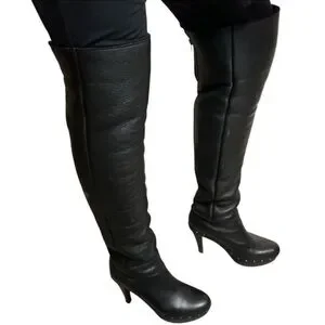 PALOMA BARCELO Black Studded Thigh High Tall Leather Heeled Platform Boot 9.5