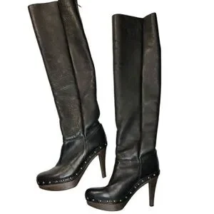 PALOMA BARCELO Black studded thigh high tall leather heeled platform boot 9.5