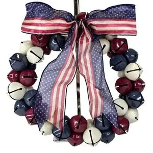 Patriotic Jingle Bell Wreath USA Flag Bow Decor Red White Blue NEW with TAGS 12"