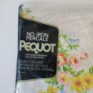 Pequot Yellow Floral No Iron Retro MCM Double Flat Sheet 54 X 76 IN