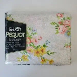 Pequot Yellow Floral No Iron Retro MCM Double Flat Sheet 54 x 76 IN