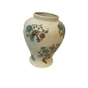 Pheasant And Floral 8 In. Cream Color Ceramic Vase Blues Yellow Brown