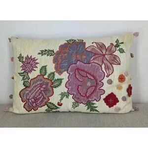 Pier 1 Decorative Pillow Embroidered Red Floral Flowers Gold Glitter Crochet
