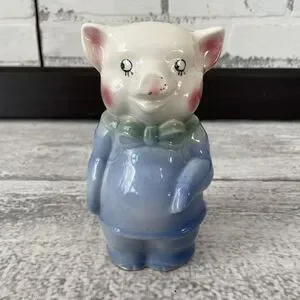 Piggy Bank RARE Vintage BREAK TO OPEN Pig 1940 Blue Overalls MCM