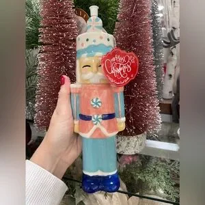 Pink Christmas Nutcracker Ceramic Oil & Vinegar Cruet Bottle NWT