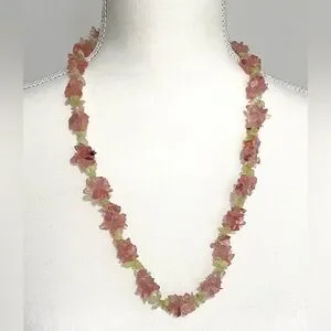 Pink/Green Chunky Long Beaded Necklace Vintage Boho Coastal Classic Preppy