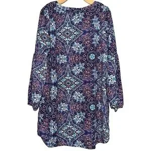 Pink Owl Apparel Women’s Size L Purple Blue Cream Medallion Print Shift Dress