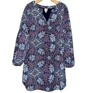 Pink Owl Apparel Women’s Size L Purple Blue Cream Medallion Print Shift Dress