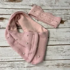 Pink Pearls Crown Knit Headband Earwarmer Scarf Set