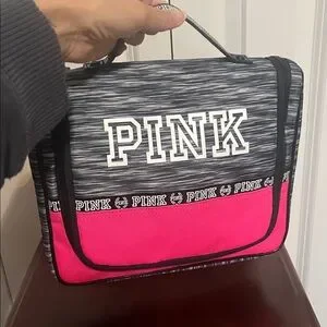 PINK Victoria's Secret Makeup Toiletry Hanging Travel Pink Black Logo Bag Case