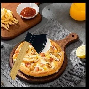 Pizza Cutter Axe Shaped New Black W/Wood Handle Perfect Man Cave Gift 