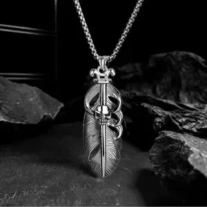 Platinum Plated Titanium Feather With Skull Embellishment Punk Bohemian Necklace