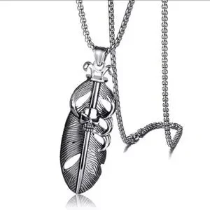 Platinum Plated Titanium Feather With Skull Embellishment Punk Bohemian Necklace