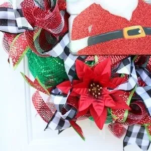Poinsettia Buffalo Plaid Santa Christmas Wreath For Front Door