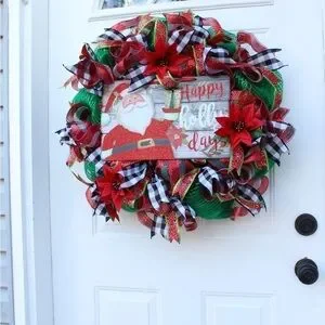 Poinsettia Buffalo Plaid Santa Christmas Wreath For Front Door