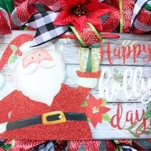 Poinsettia Buffalo Plaid Santa Christmas Wreath For Front Door