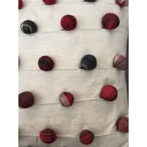 POTTERY BARN Plaid Pom Pom Lumbar Pillow With Feather Insert 12x16 Christmas EUC