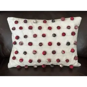 POTTERY BARN Plaid Pom Pom Lumbar Pillow With Feather Insert 12x16 Christmas EUC