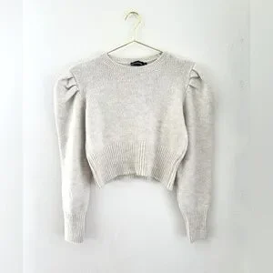 Pretty Little Thing Sweater Puff Shoulder Long Sleeve Cream Tan Mock Neck Knit
