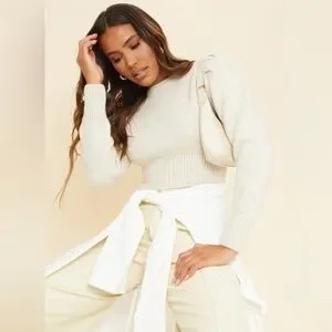 Pretty Little Thing Sweater Puff Shoulder Long Sleeve Cream Tan Mock Neck Knit