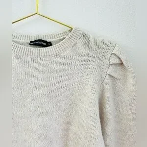 Pretty Little Thing Sweater Puff Shoulder Long Sleeve Cream Tan Mock Neck Knit