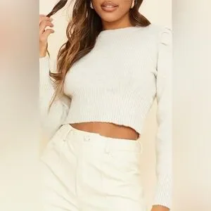 Pretty Little Thing Sweater Puff Shoulder Long Sleeve Cream tan mock neck knit