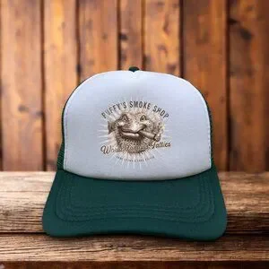 Puffy's Smoke Shop Mens Trucker Hat Green World's Famous Fatties Marijuana Cap