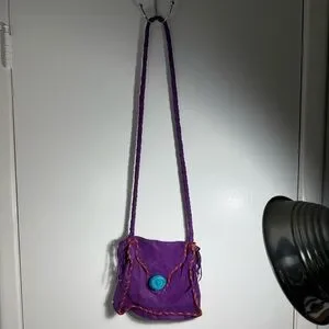 Purple Dearskin Leather Medicine Crossbody Bag With Orange And Blue Accents