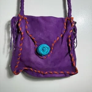 Purple dearskin leather medicine crossbody bag with orange and blue accents