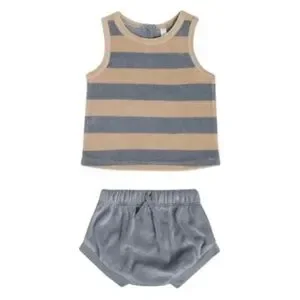 Quincey Mae Organic Cotton Terry Cloth Striped Tank Top + Bloomer Grey Blue
