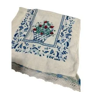 R.A. Briggs Strawberry basket blue floral lace trim Hand Towel