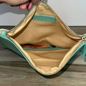 RACHEL PALLY Aqua Tropical Canvas Vegan Faux Leather Zip Pouch Clutch Handbag