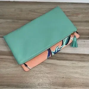 RACHEL PALLY Aqua Tropical Canvas Vegan Faux Leather Zip Pouch Clutch Handbag